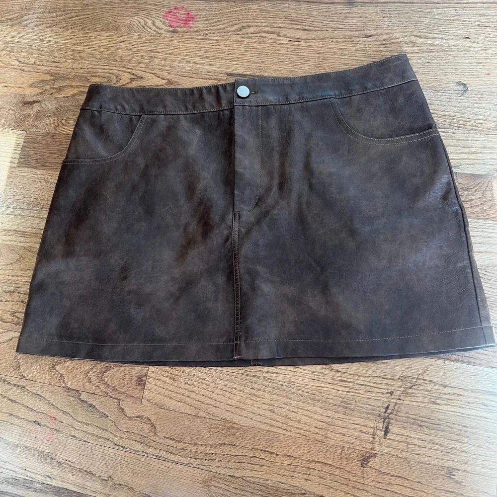 Cider Brown Faux Leather Mini Skirt Distressed A-Line Pockets XL